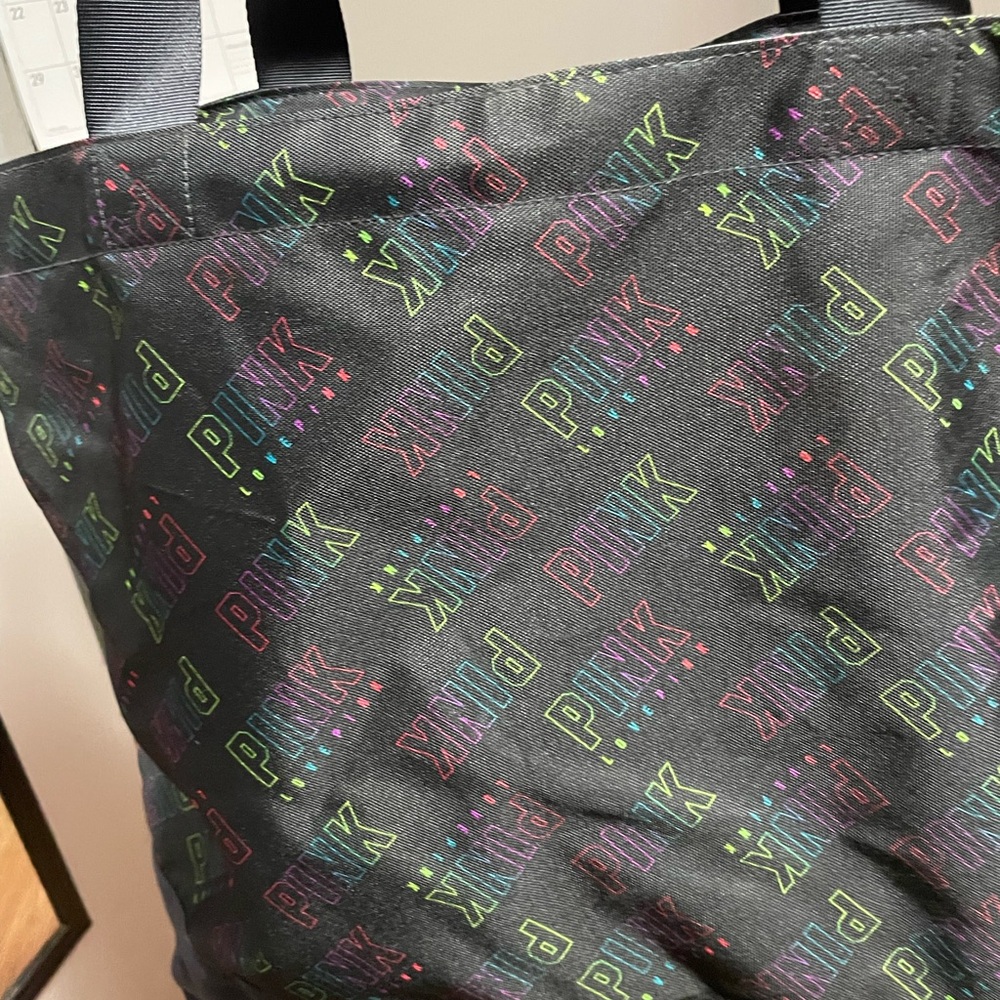 PINK Victoria Secret Black Multi Color Logo Zipper Closure Large Tote